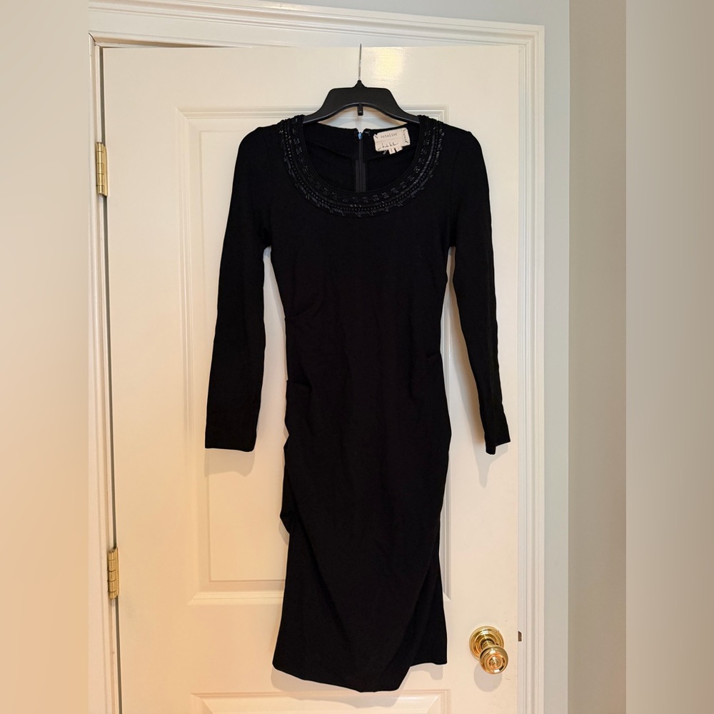 Vintage Black Beaded-Neck Long Sleeve Dress
